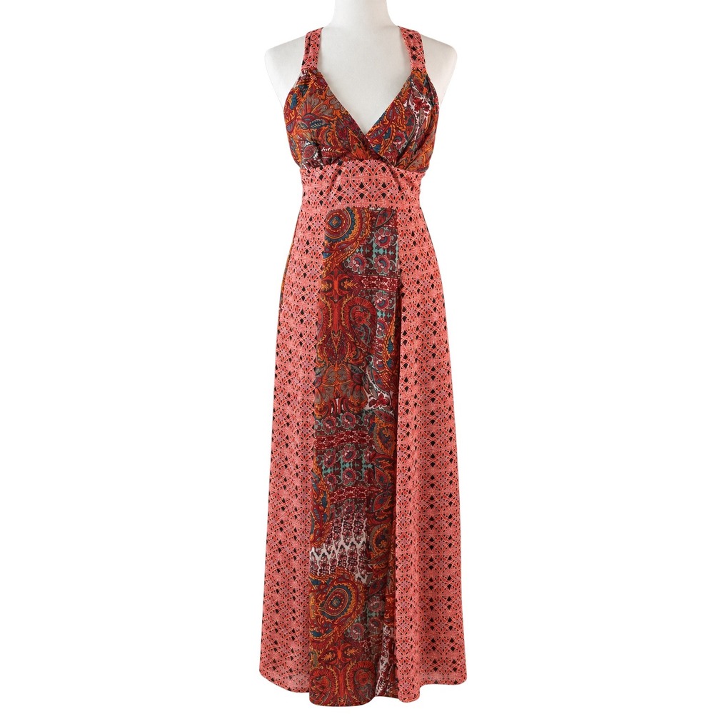 CHARLOTTE RUSSE Maxi Dress Vintage Y2k  Womens M Coral Paisley Crochet Boho